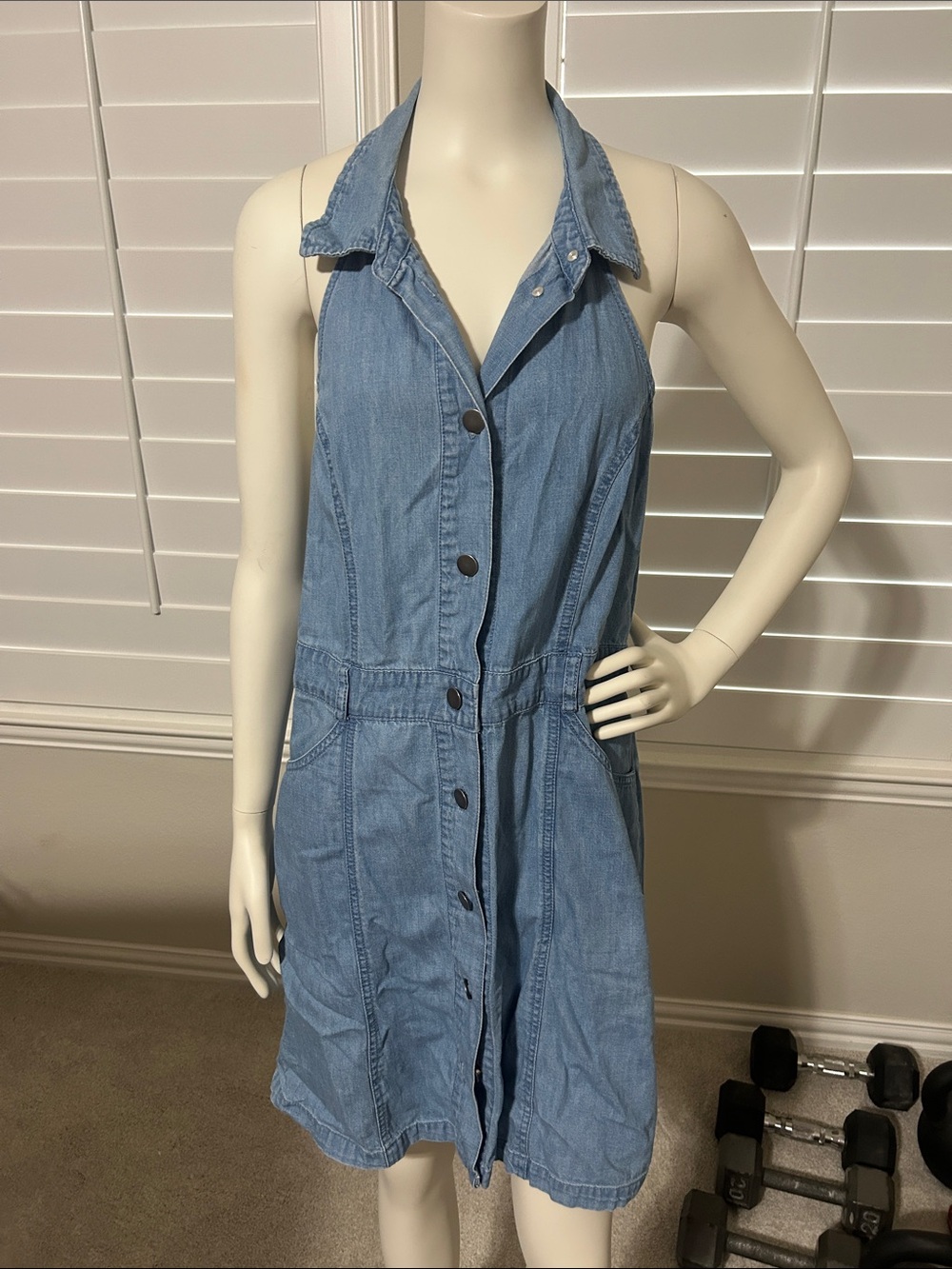 Free People Light Blue Denim Halter Dress, size large, backless